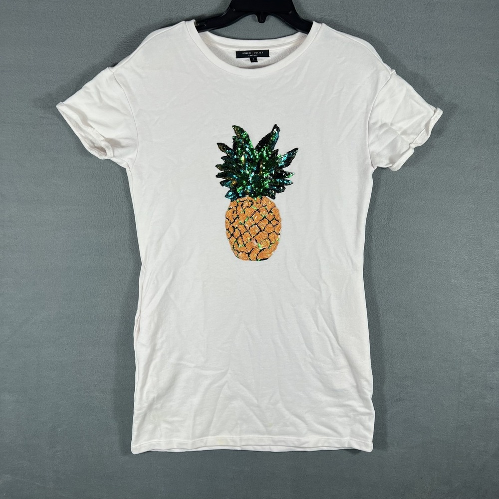 Romeo + Juliet Couture Women's White Sequin Pineapple T-Shirt Top Size S STAIN